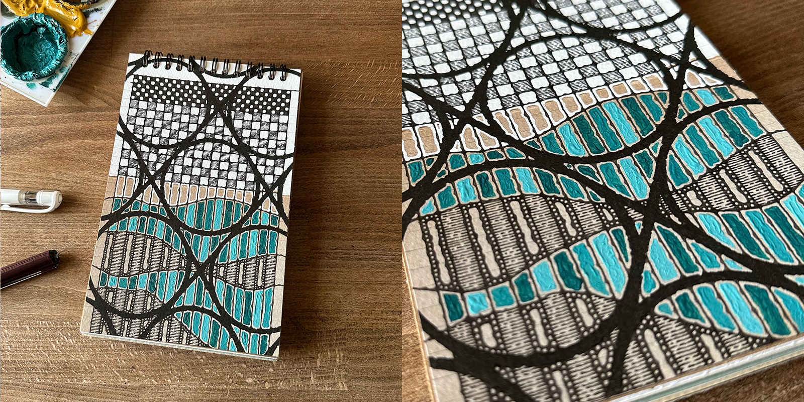 Illustrated notebooks on a wooden table