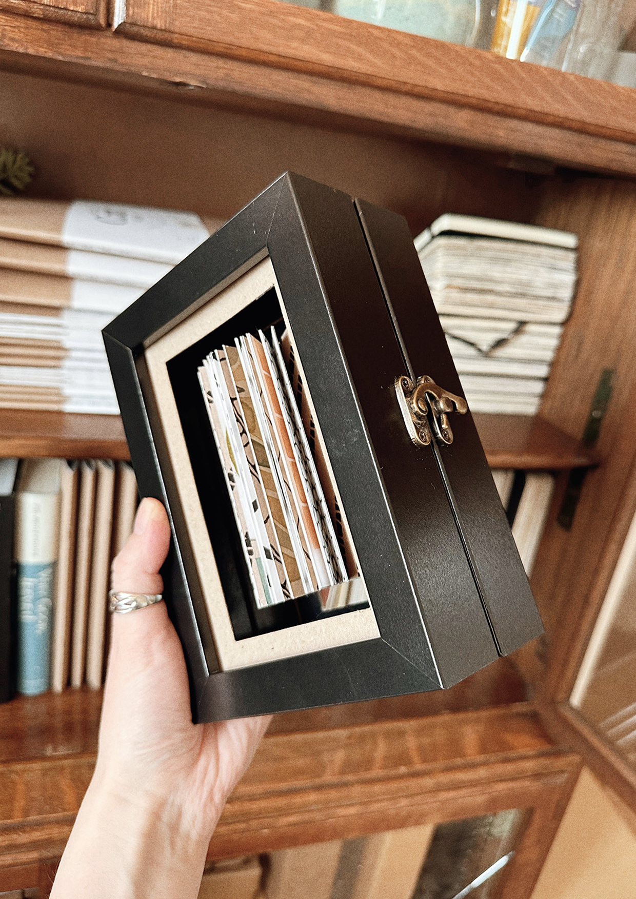 Artwork in box in front of bookcase