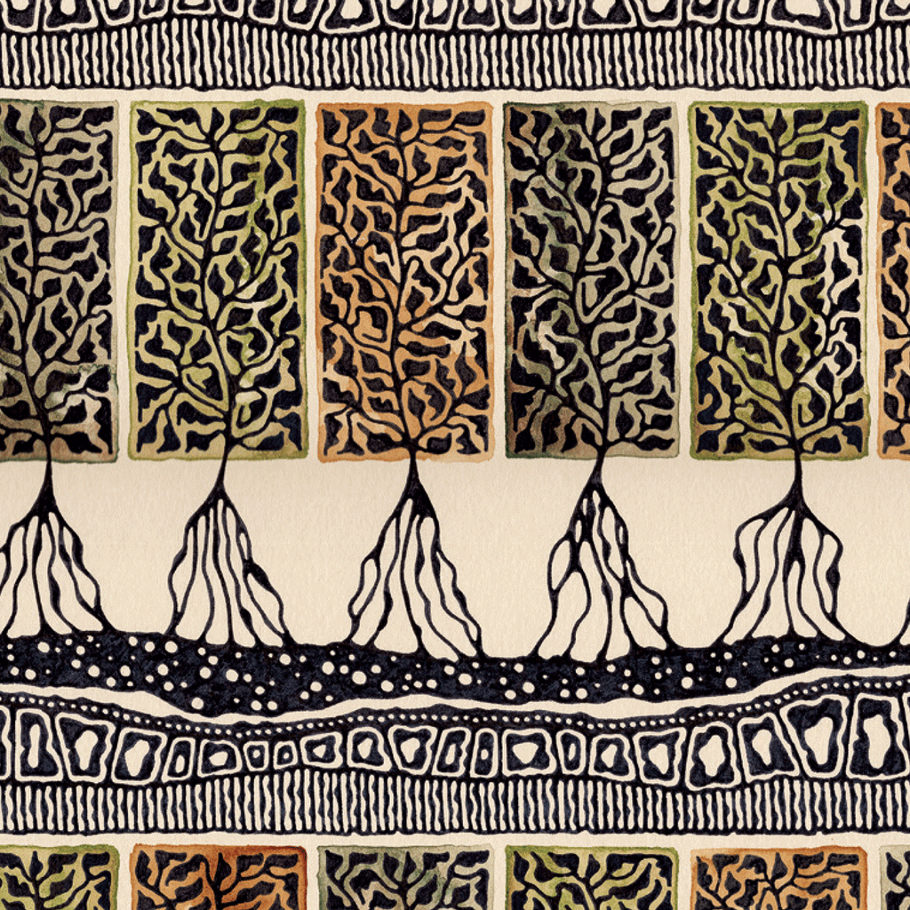 Illustration of autumn trees in black, brown and green on beige background