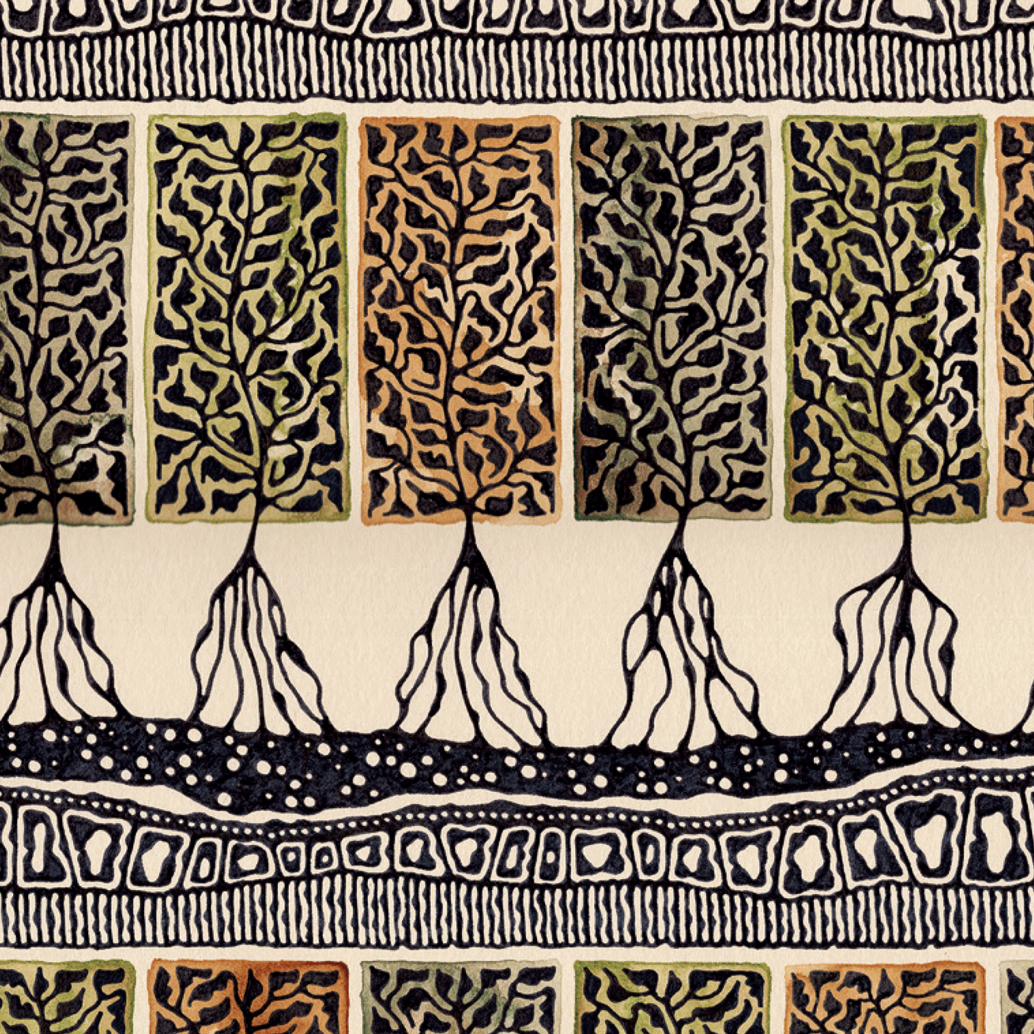 Illustration of autumn trees in black, brown and green on beige background