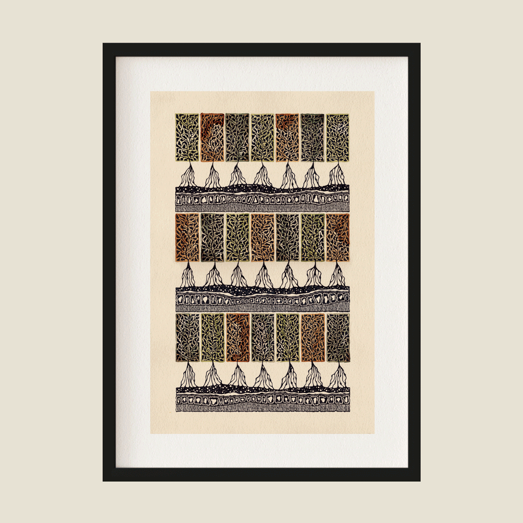 Illustration of autumn trees in black, brown and green on beige background in frame