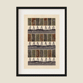 Illustration of autumn trees in black, brown and green on beige background in frame