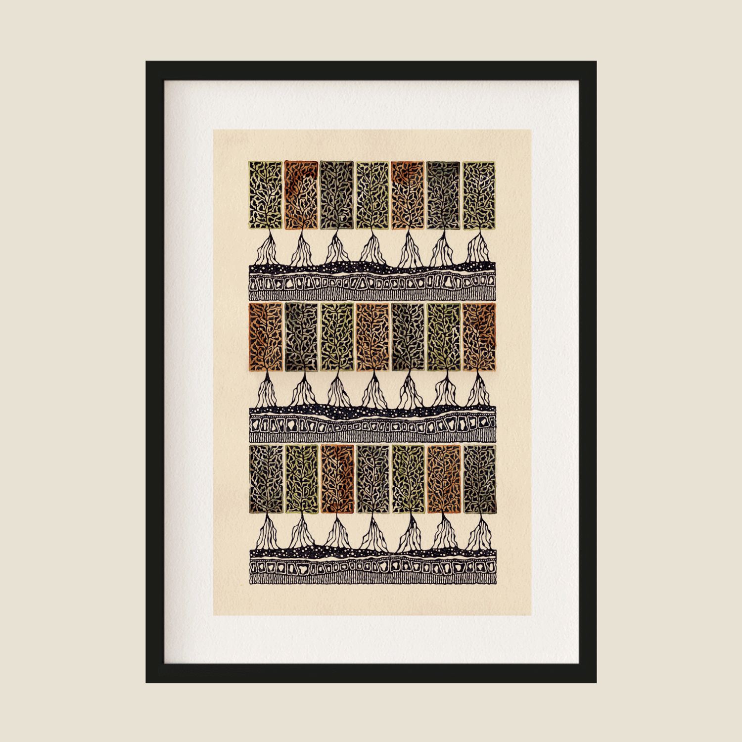 Illustration of autumn trees in black, brown and green on beige background in frame