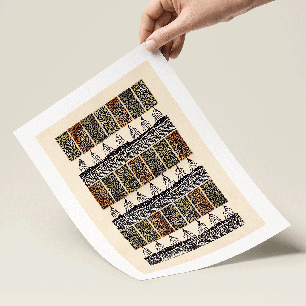 Illustration of autumn trees in black, brown and green on beige background in hand
