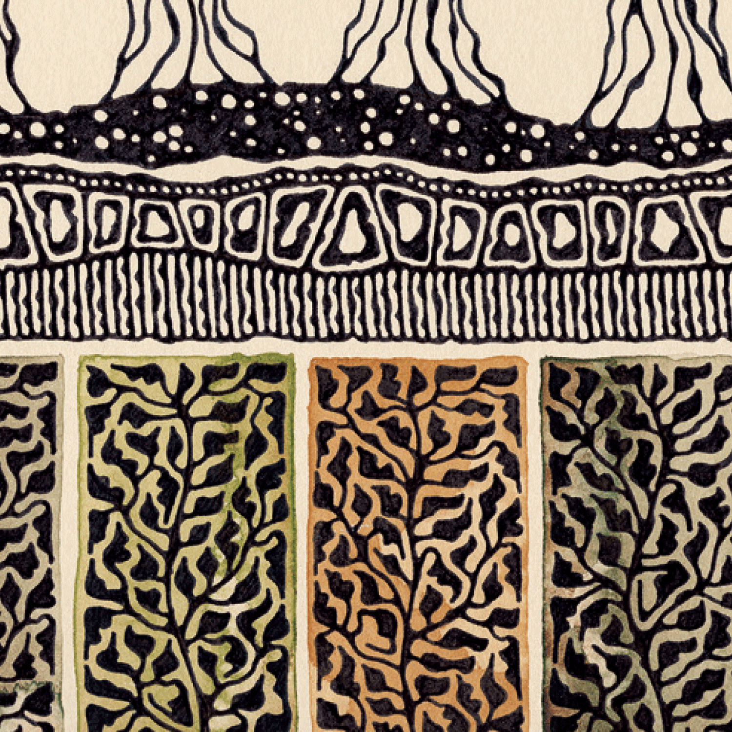 Illustration of autumn trees in black, brown and green on beige background