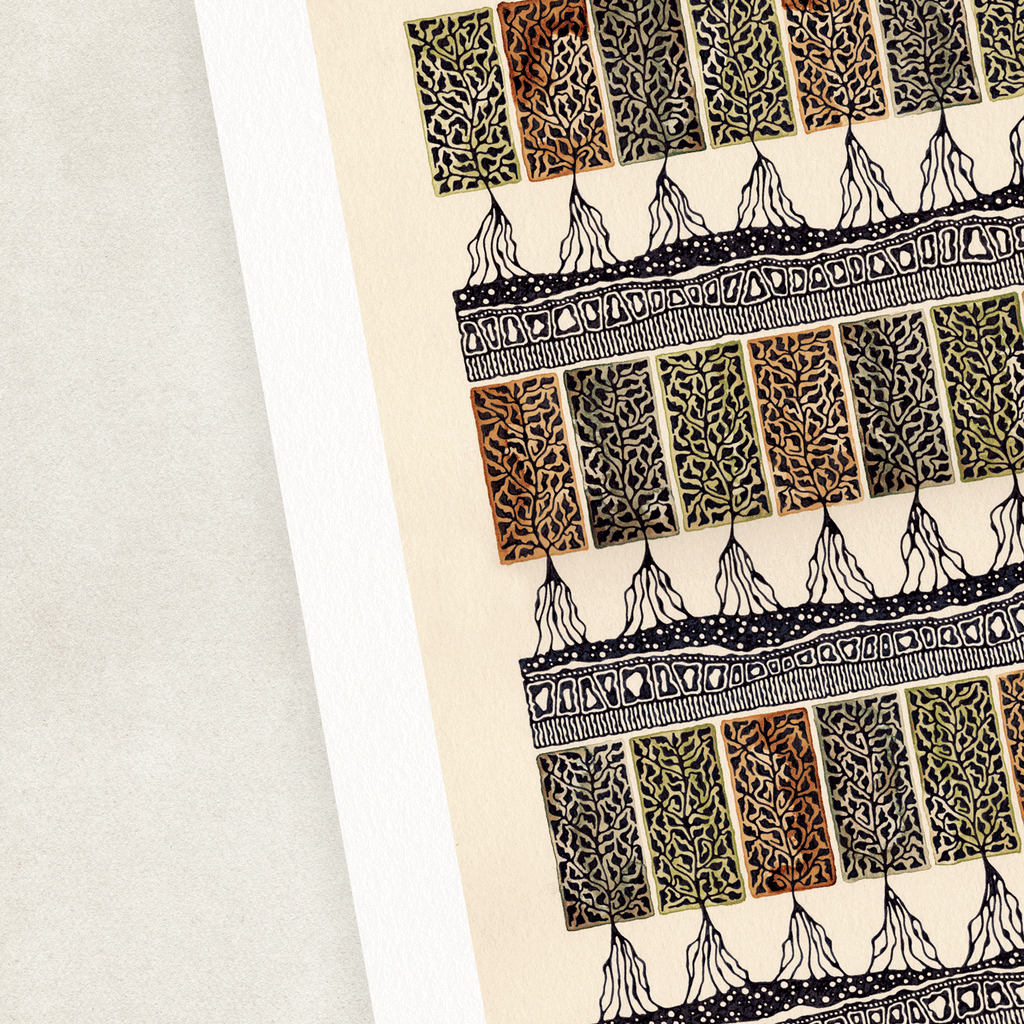 Illustration of autumn trees in black, brown and green on beige background