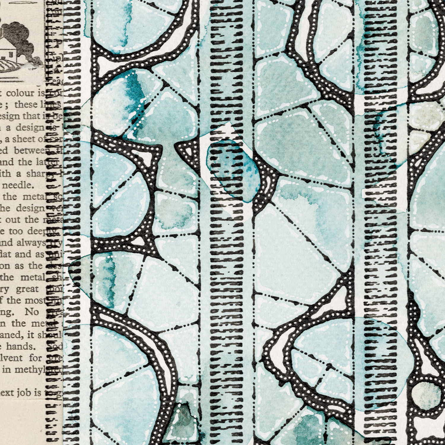 Abstract watercolour and pen illustration in blue, black and cream