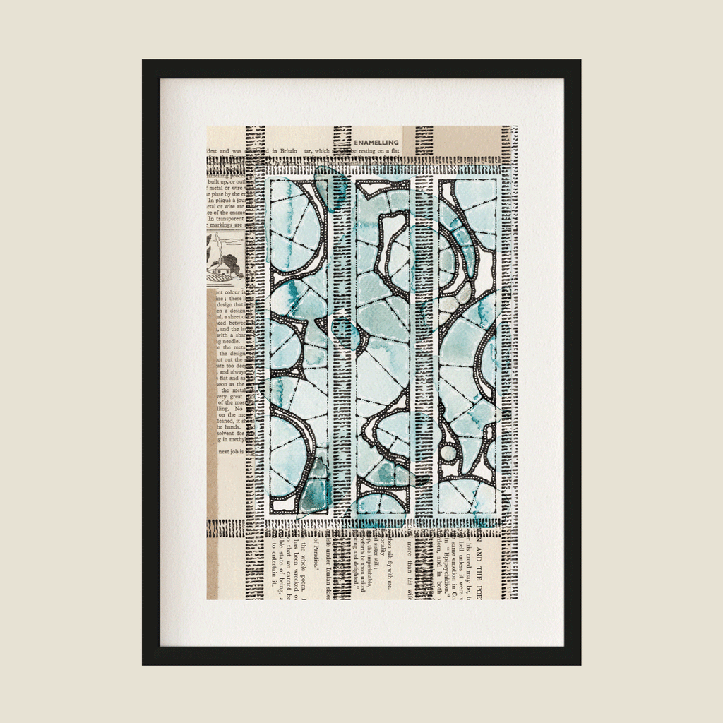 Abstract watercolour and pen illustration in blue, black and cream in frame