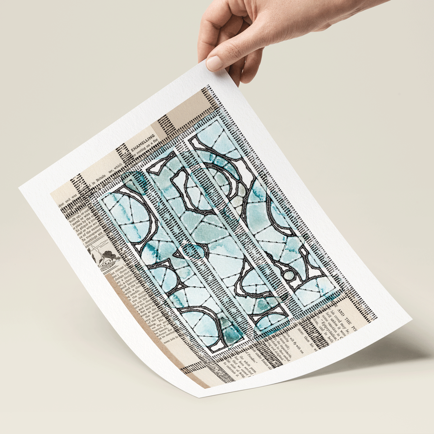 Abstract watercolour and pen illustration in blue, black and cream in hand