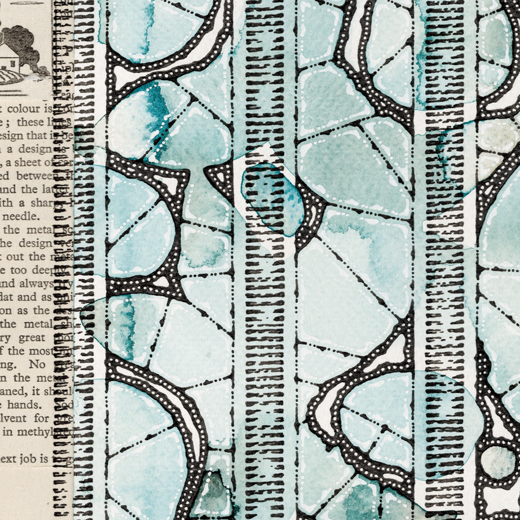 Abstract watercolour and pen illustration in blue, black and cream
