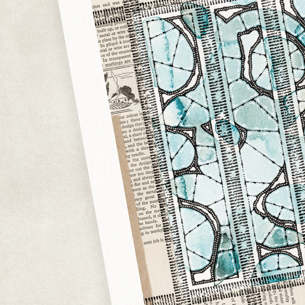 Abstract watercolour and pen illustration in blue, black and cream