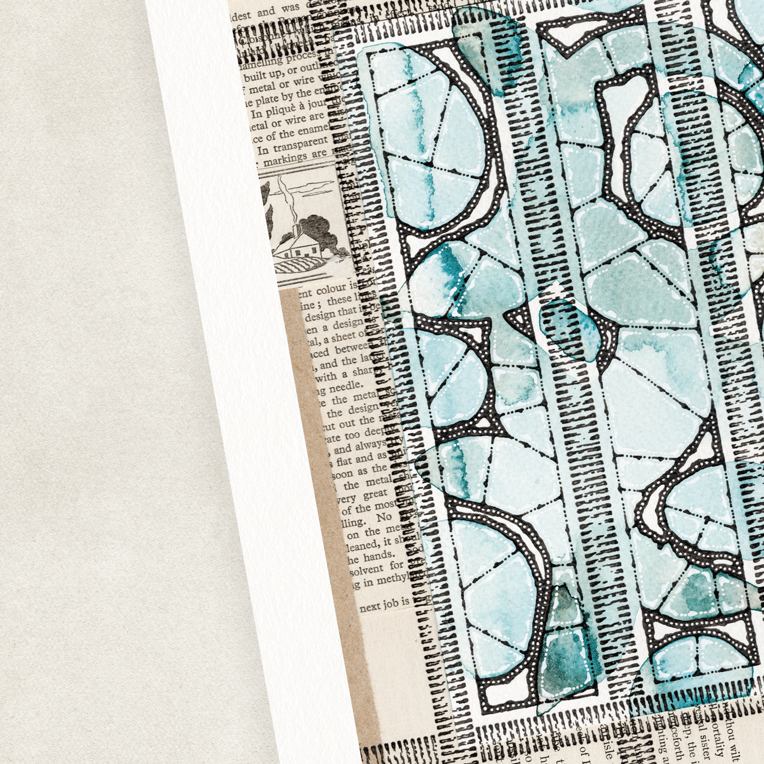 Abstract watercolour and pen illustration in blue, black and cream
