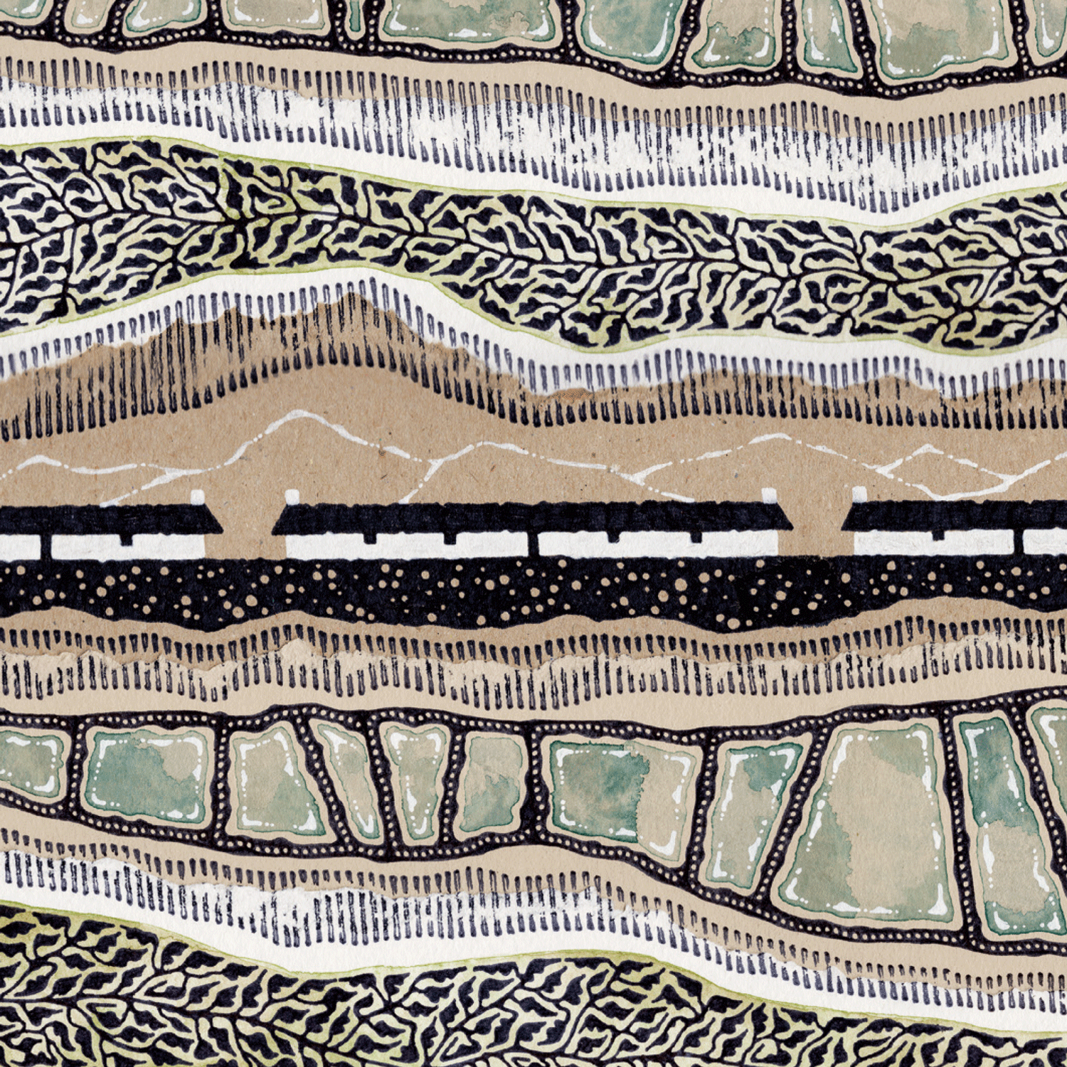 Illustration of cottages, rivers and hills in brown, blue and black