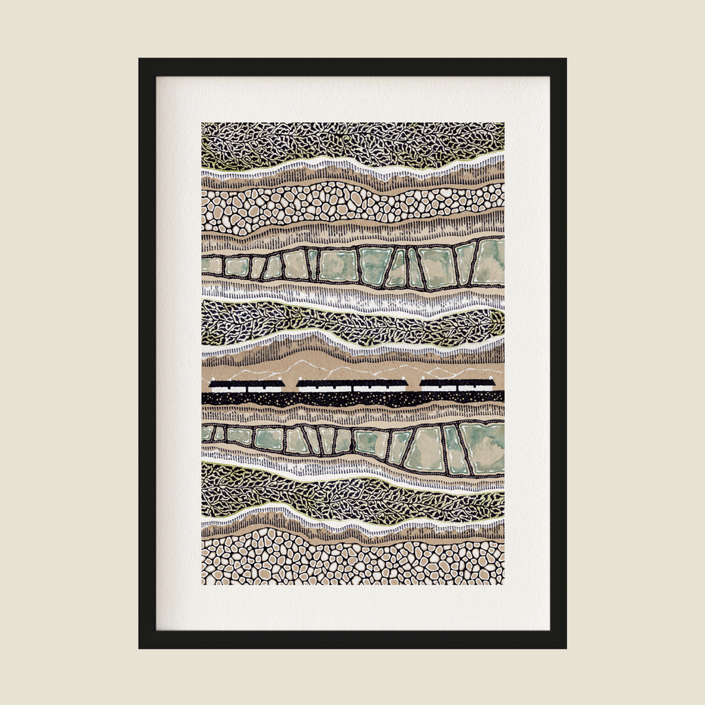 Illustration of cottages, rivers and hills in brown, blue and black in frame