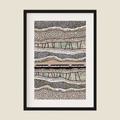 Illustration of cottages, rivers and hills in brown, blue and black in frame