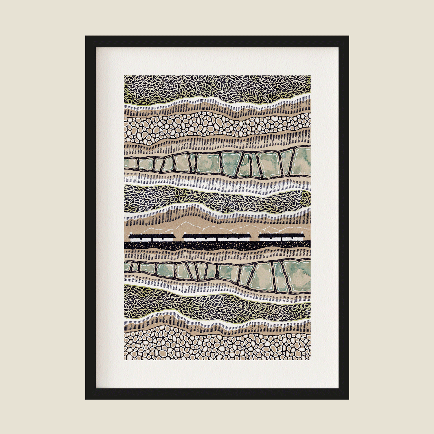 Illustration of cottages, rivers and hills in brown, blue and black in frame