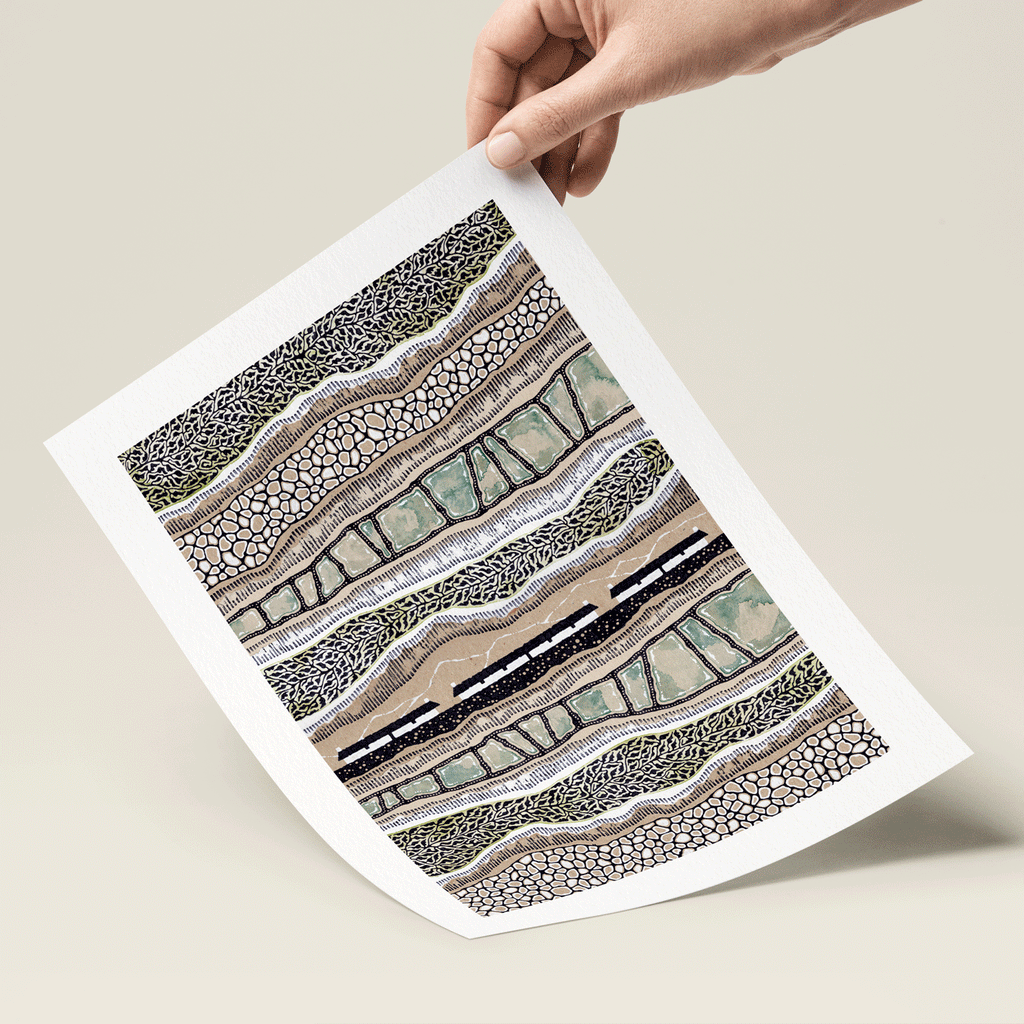 Illustration of cottages, rivers and hills in brown, blue and black in hand