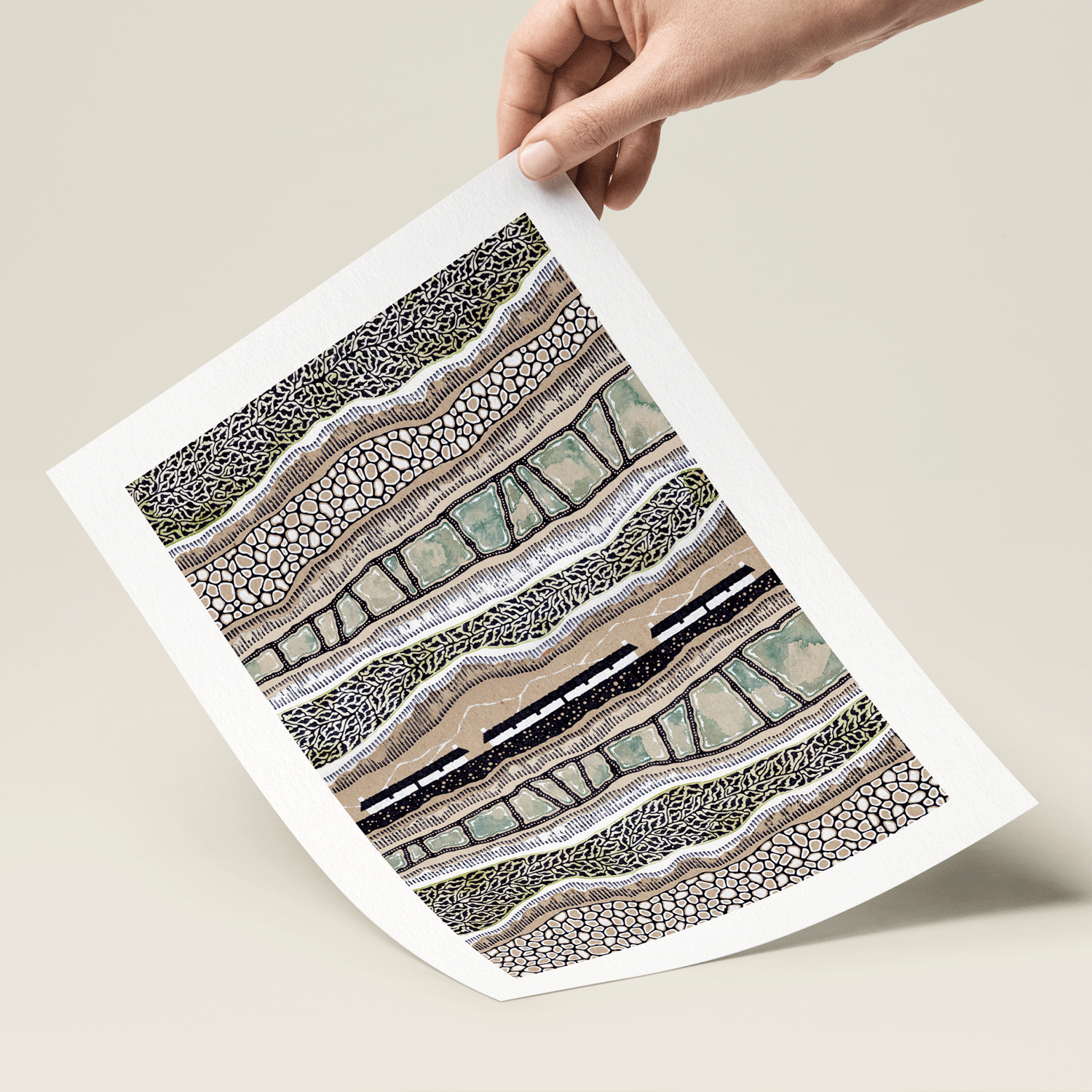 Illustration of cottages, rivers and hills in brown, blue and black in hand