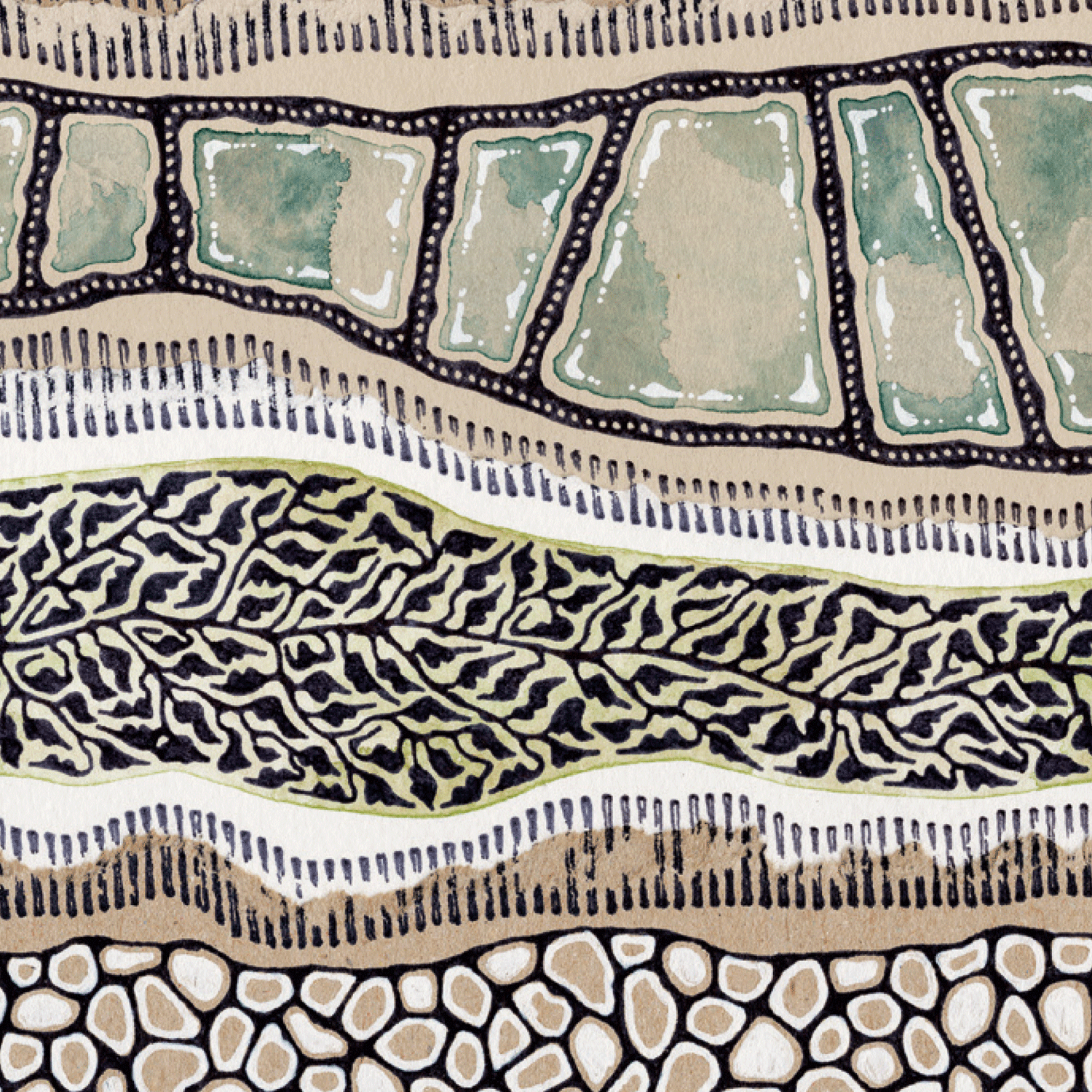 Illustration of cottages, rivers and hills in brown, blue and black