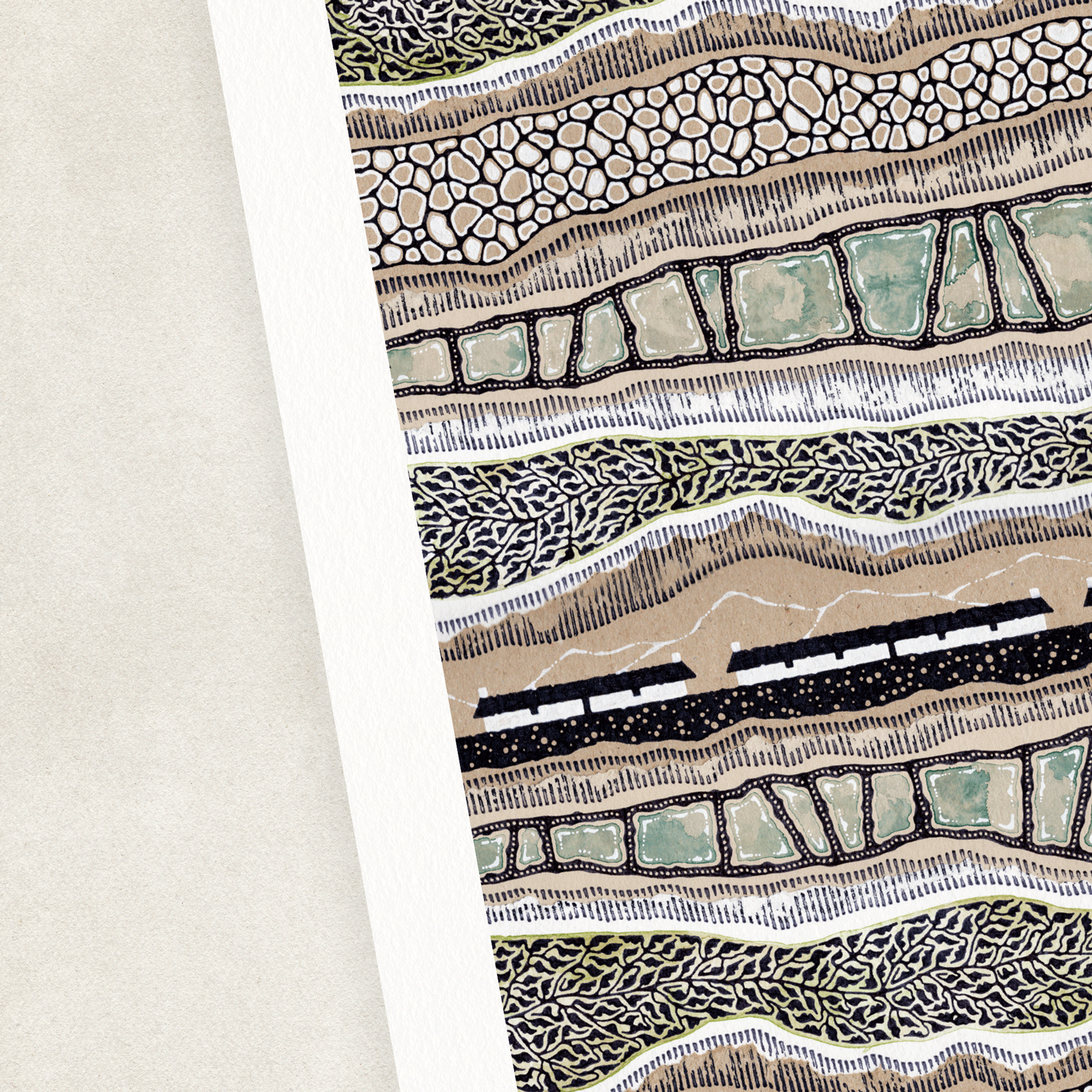 Illustration of cottages, rivers and hills in brown, blue and black