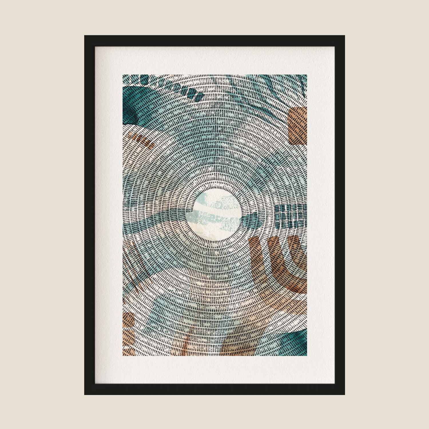Abstract illustration in black, blue and brown in frame