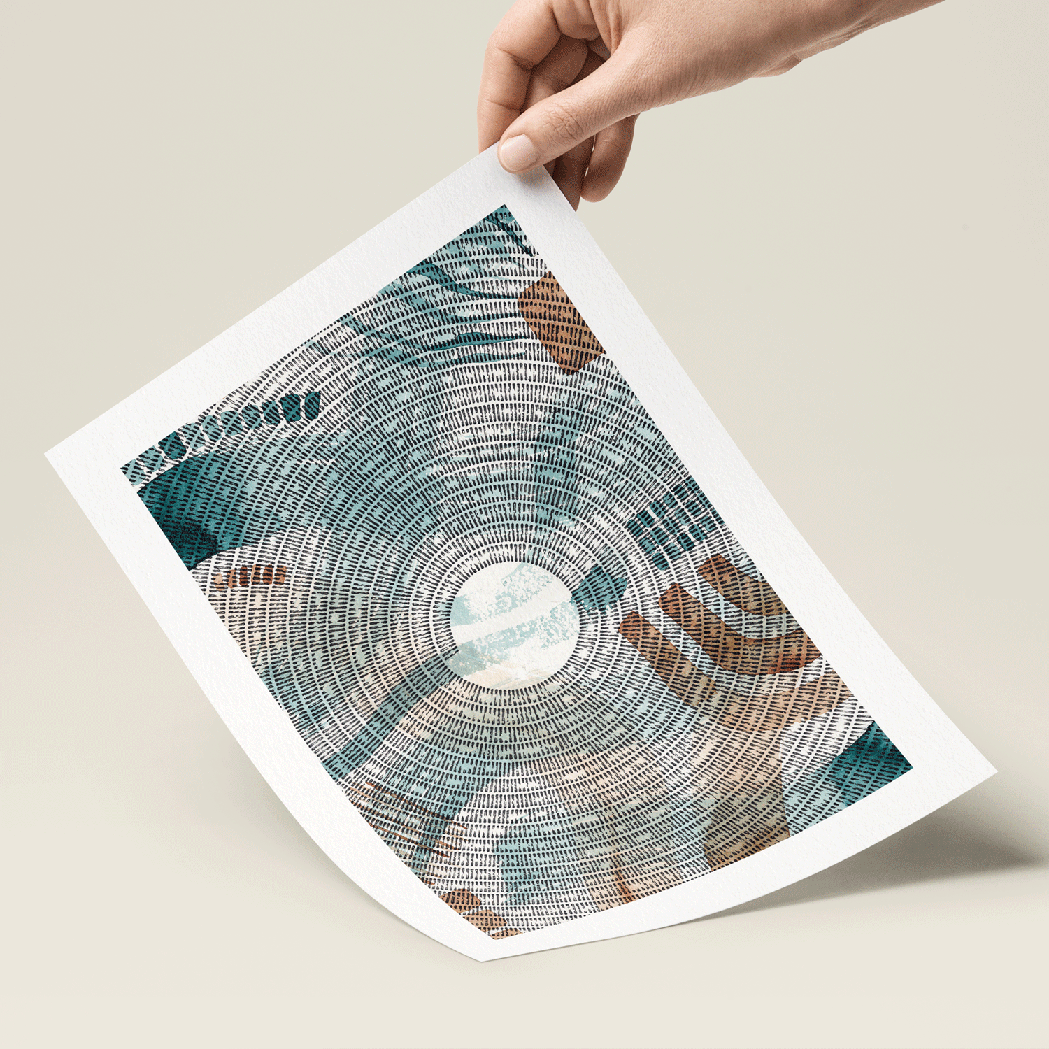 Abstract illustration in black, blue and brown held in hand
