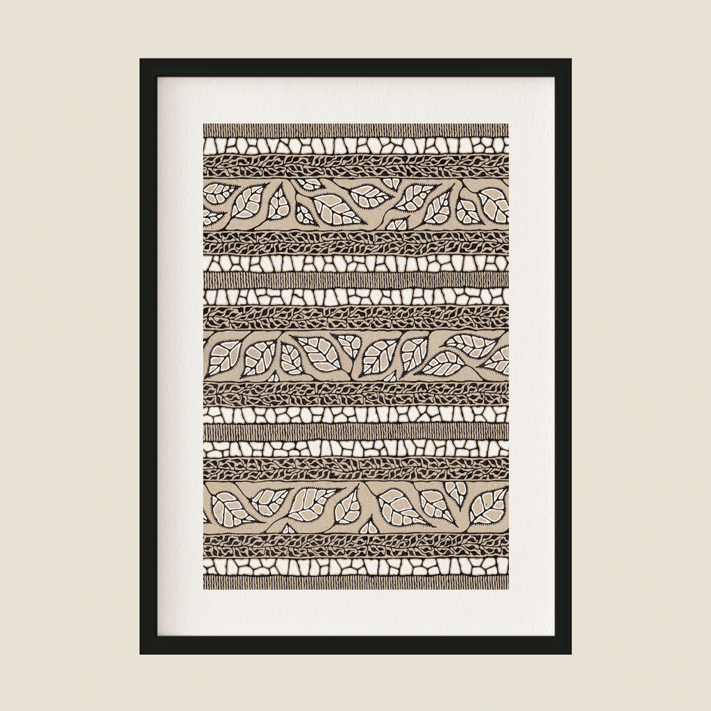 Illustration of leaves in white, black and brown in frame