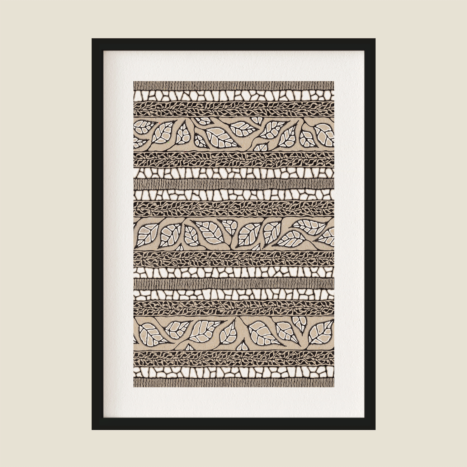 Illustration of leaves in white, black and brown in frame