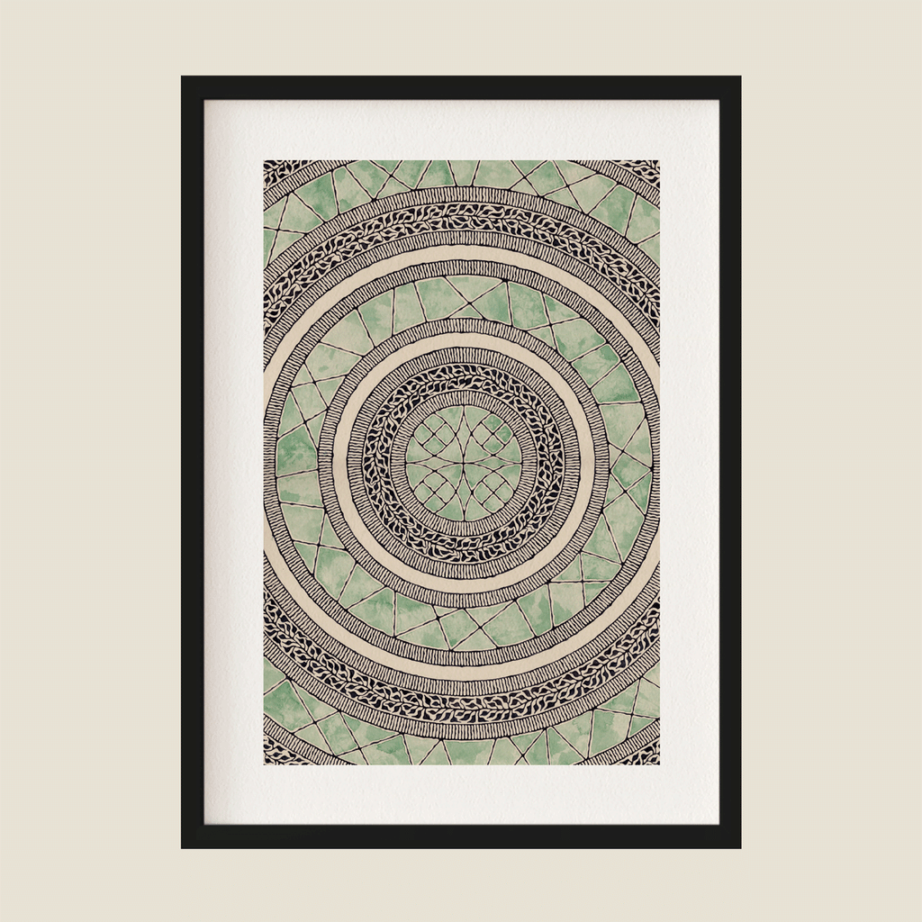 Abstract mandala illustration in green and black in frame
