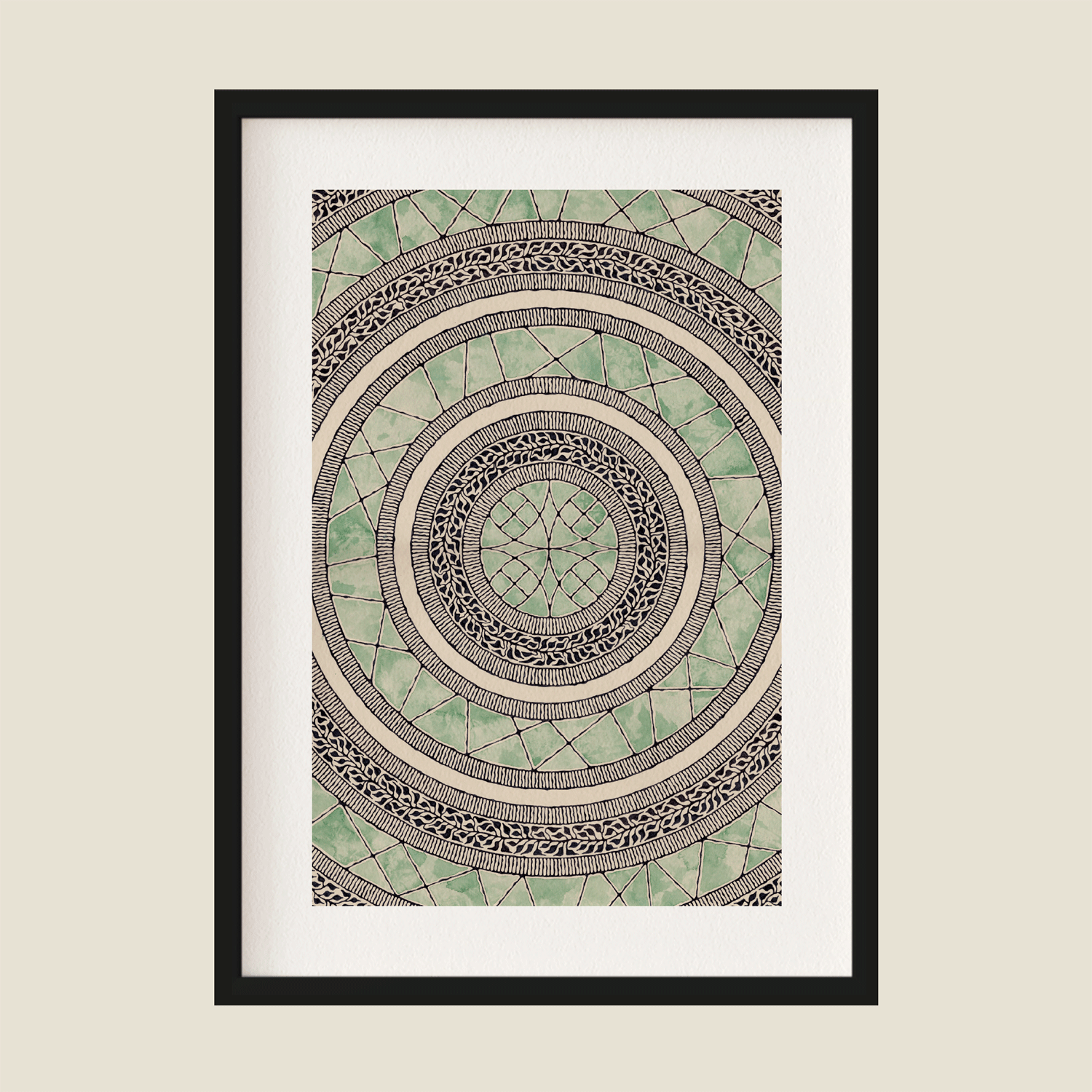 Abstract mandala illustration in green and black in frame