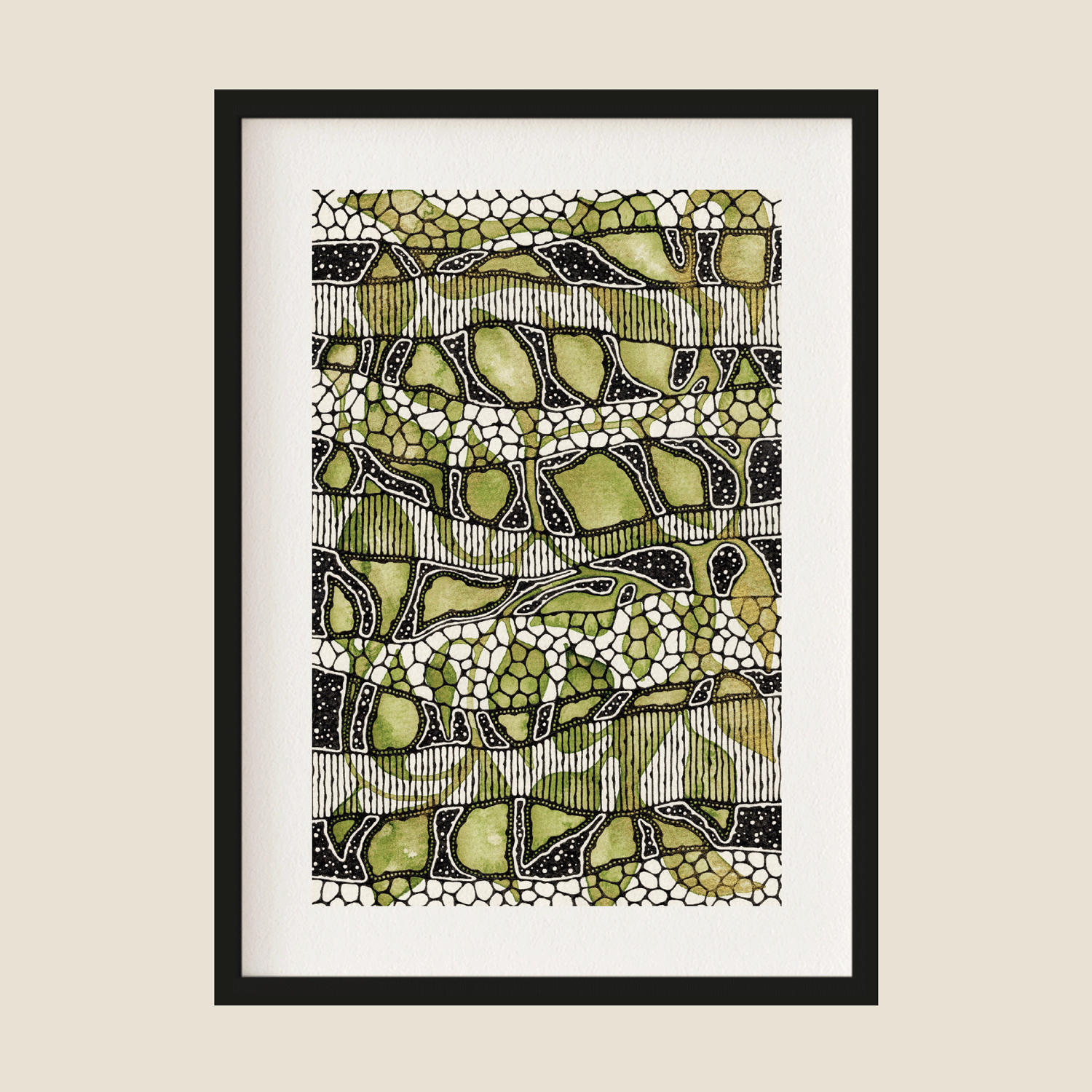 Abstract illustration in green and black leaves in frame
