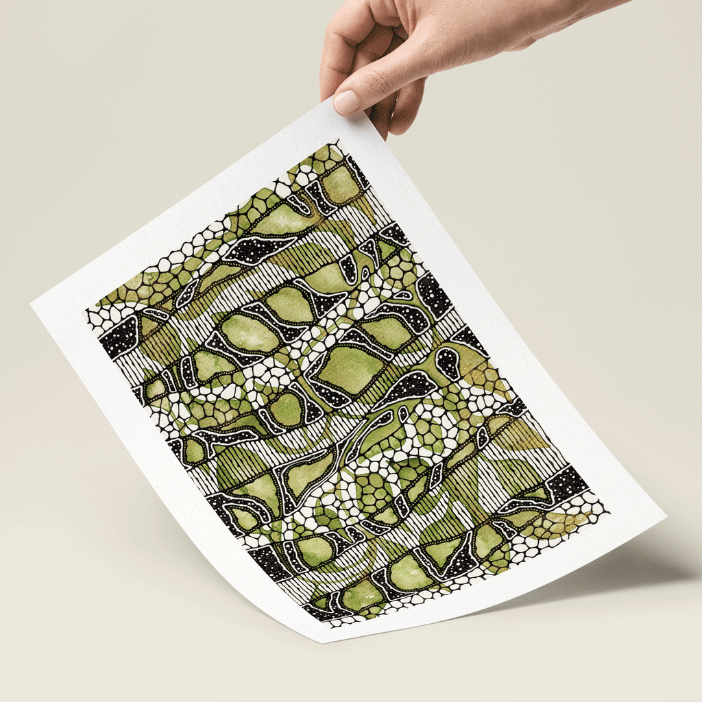 Abstract illustration in green and black leaves print in hand