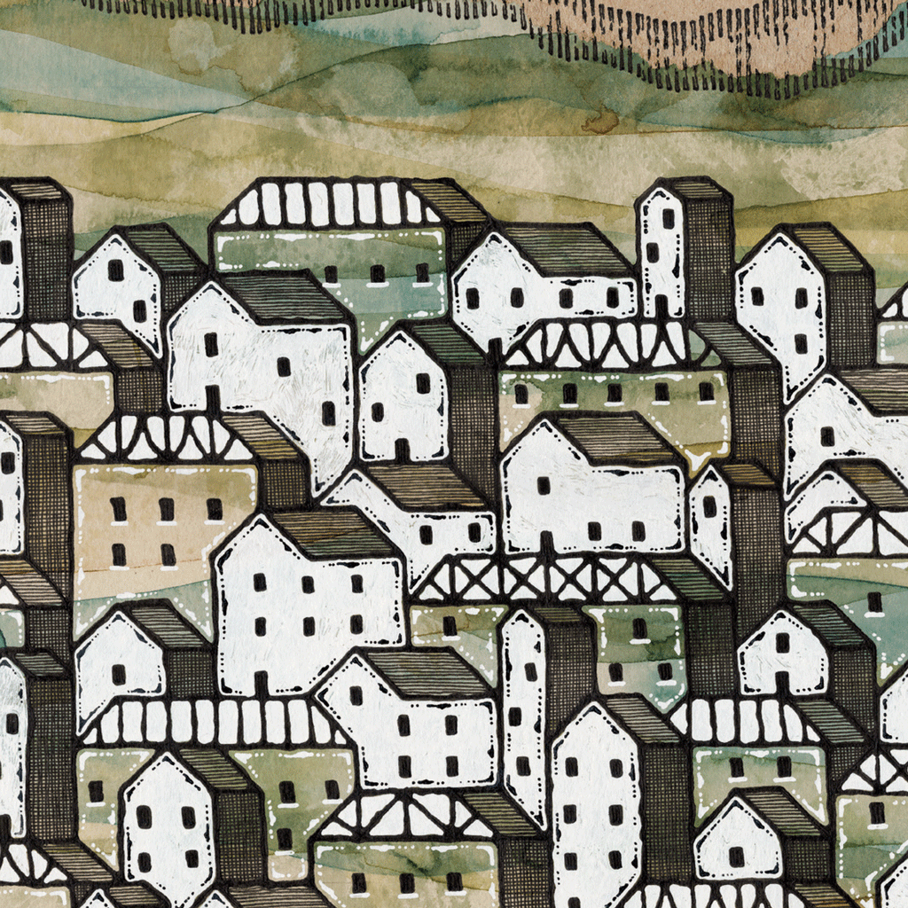 Illustration of towns and mountains in green and brown 