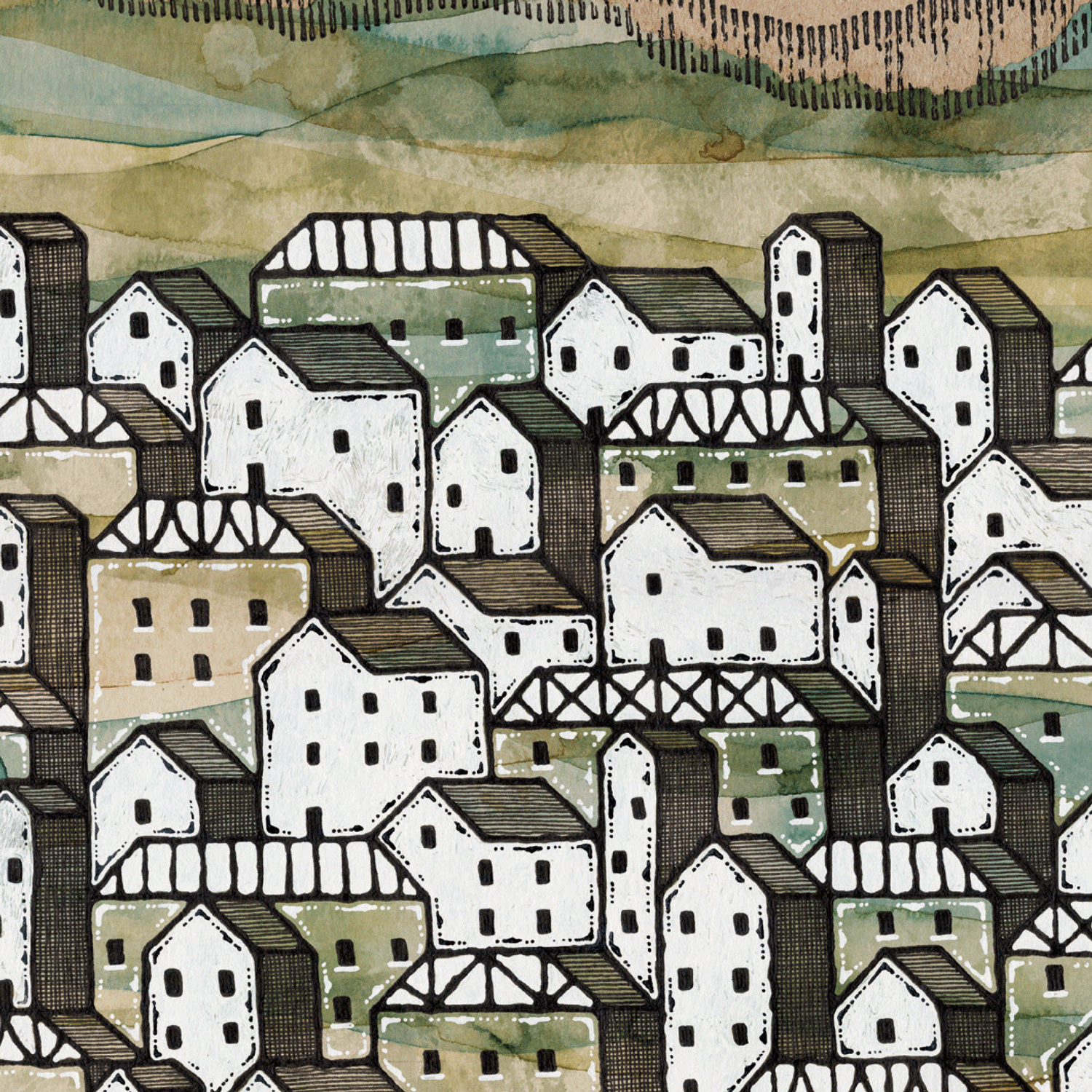 Illustration of towns and mountains in green and brown 