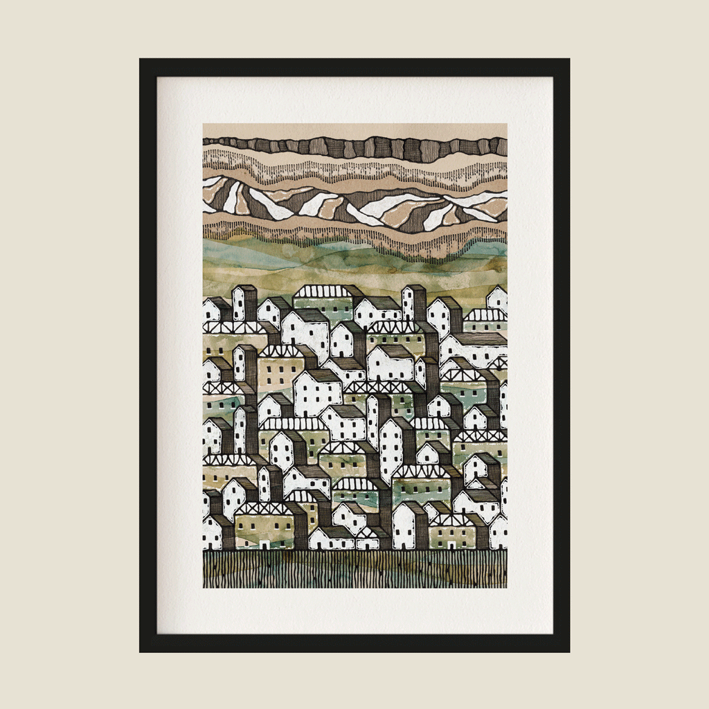 Illustration of towns and mountains in green and brown and white in a frame