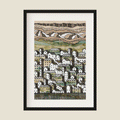 Illustration of towns and mountains in green and brown and white in a frame