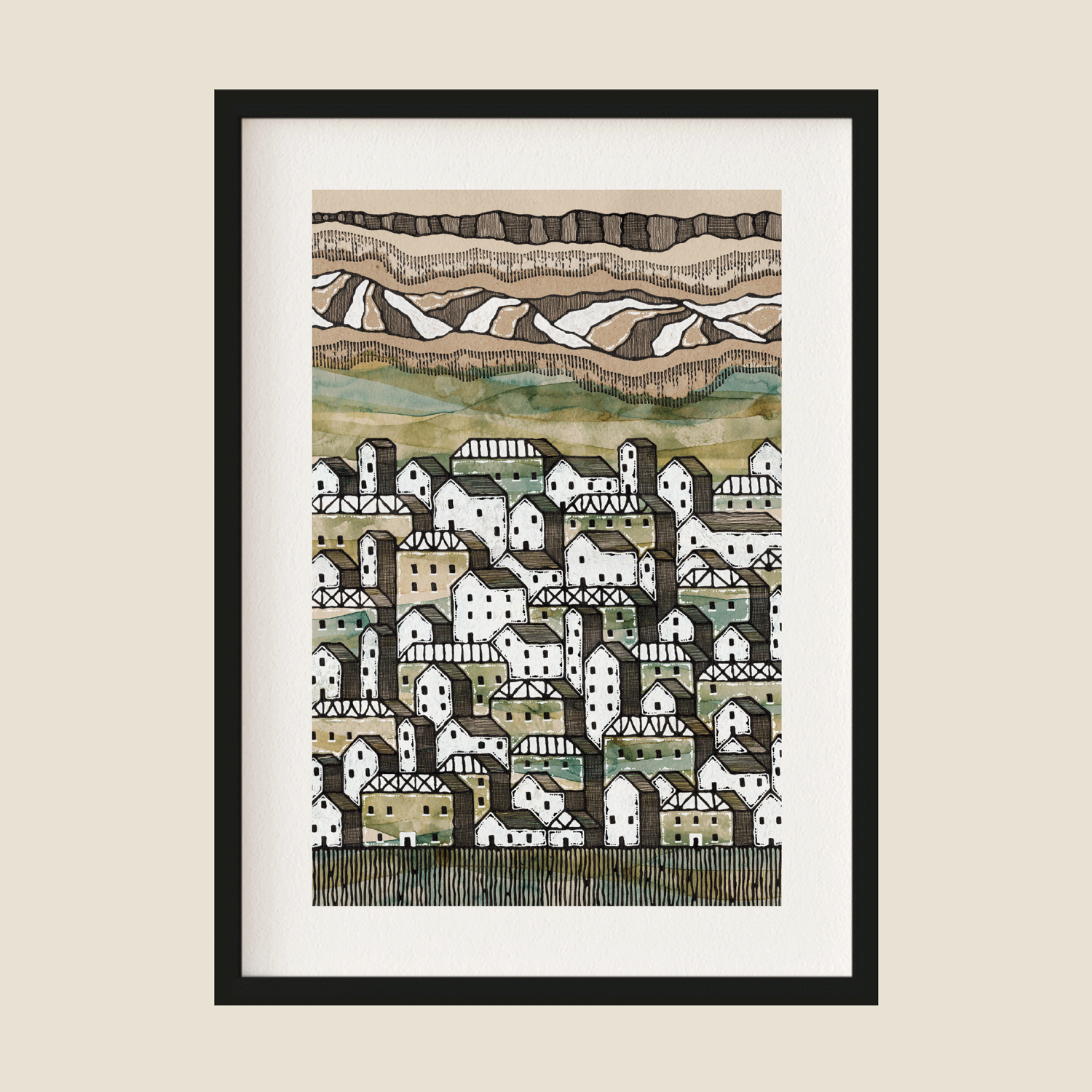 Illustration of towns and mountains in green and brown and white in a frame