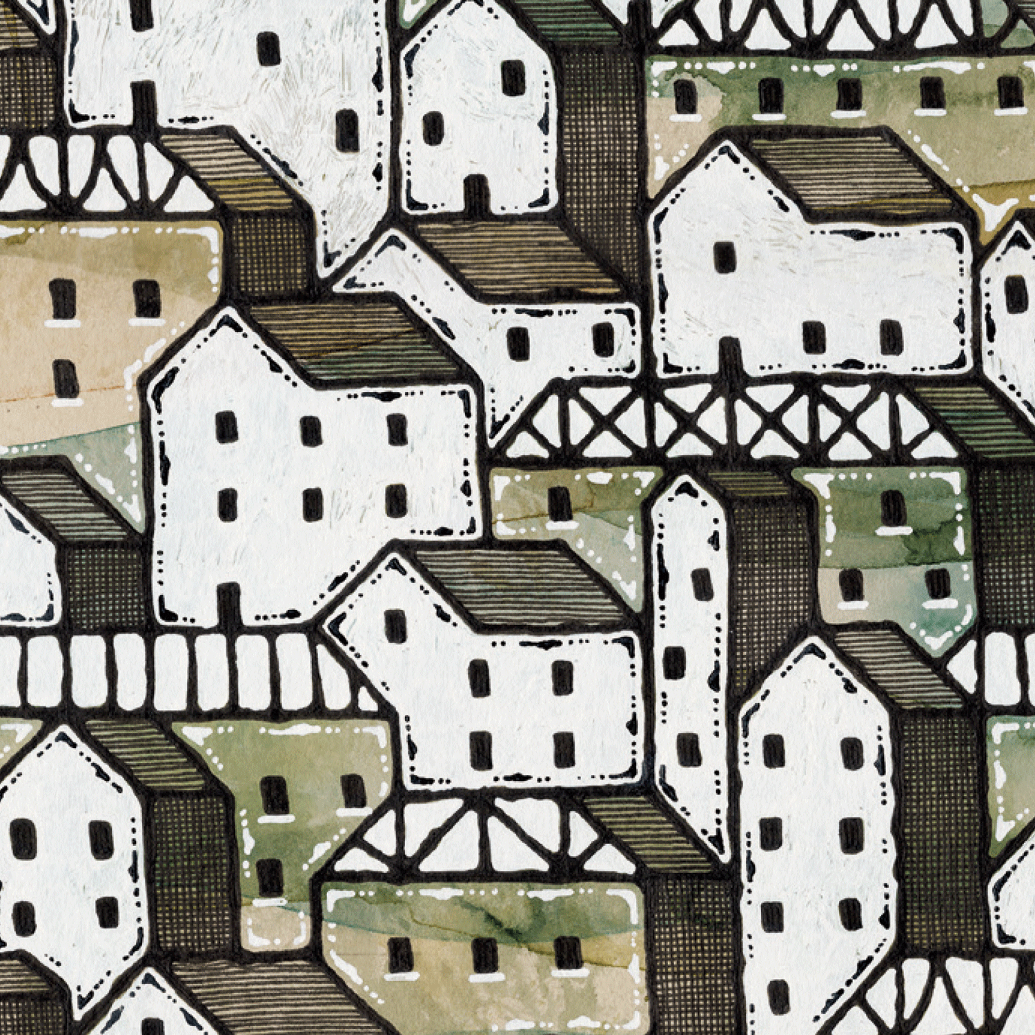 Illustration of towns and mountains in green and brown 
