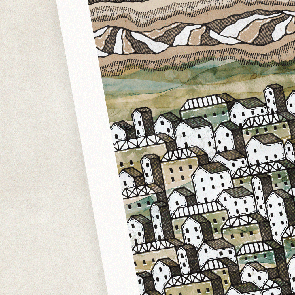 Illustration of towns and mountains in green and brown 