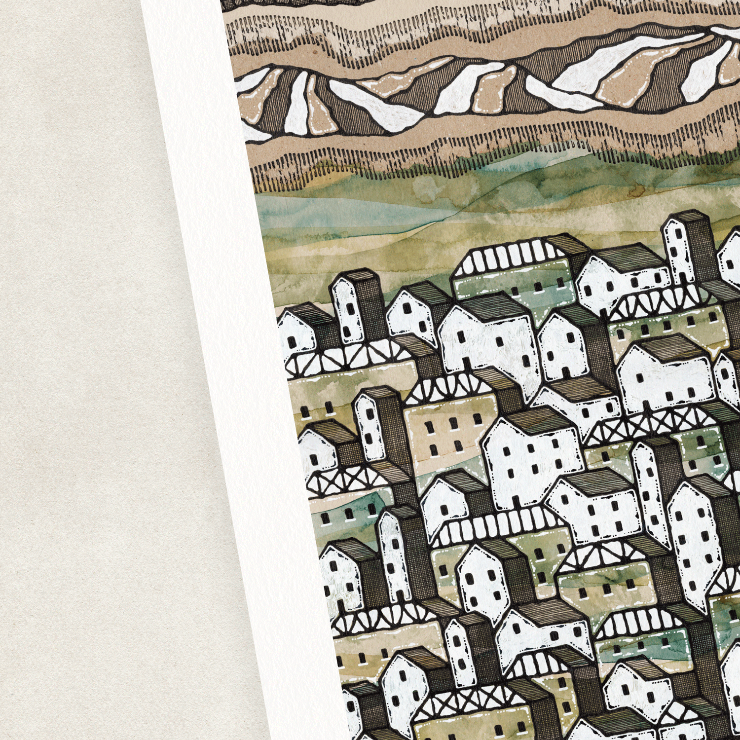 Illustration of towns and mountains in green and brown 