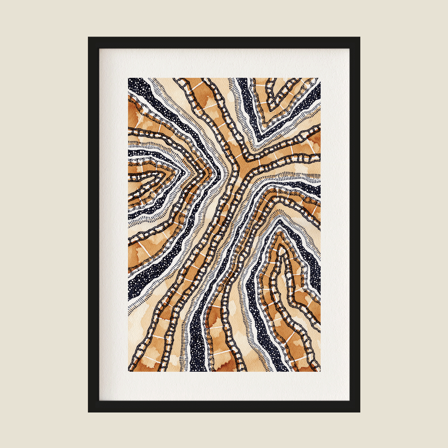 Abstract illustration in orange black and white in a frame