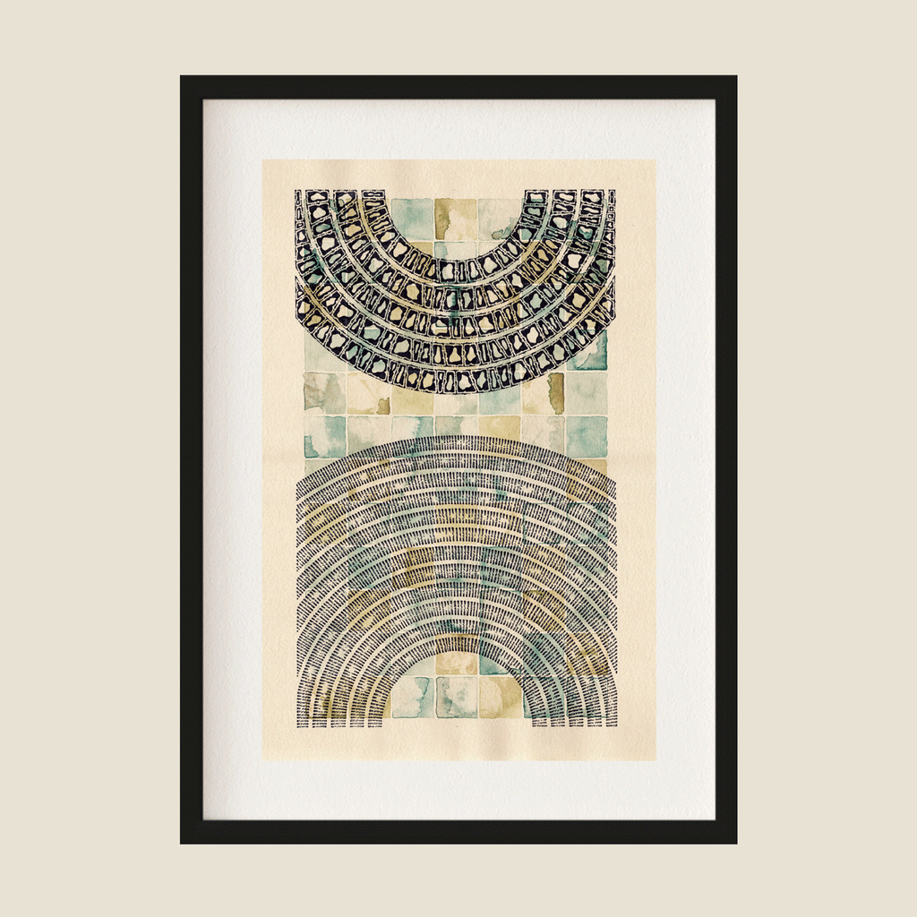Black pen pattern on watercolour in a frame