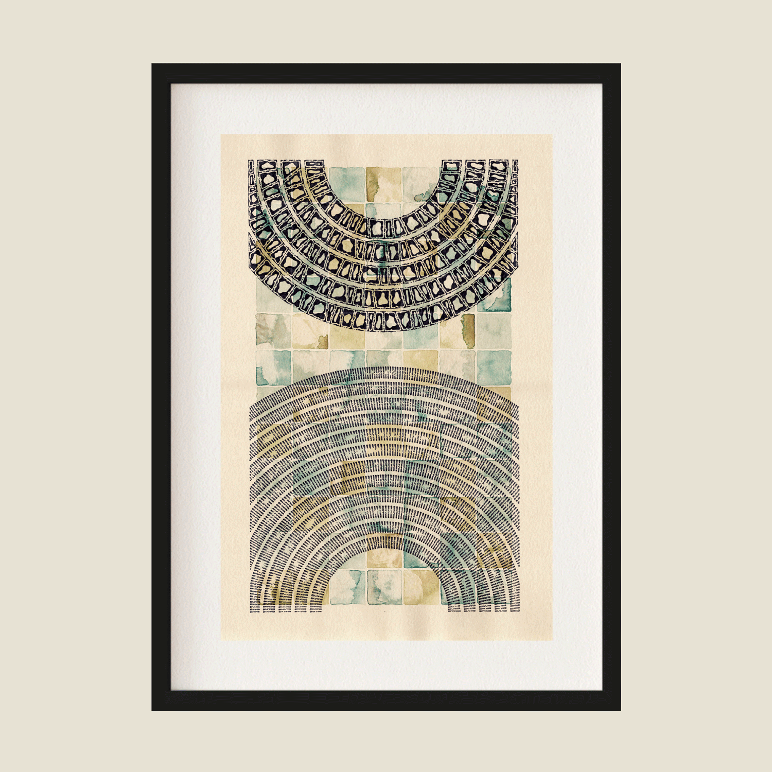 Black pen pattern on watercolour in a frame
