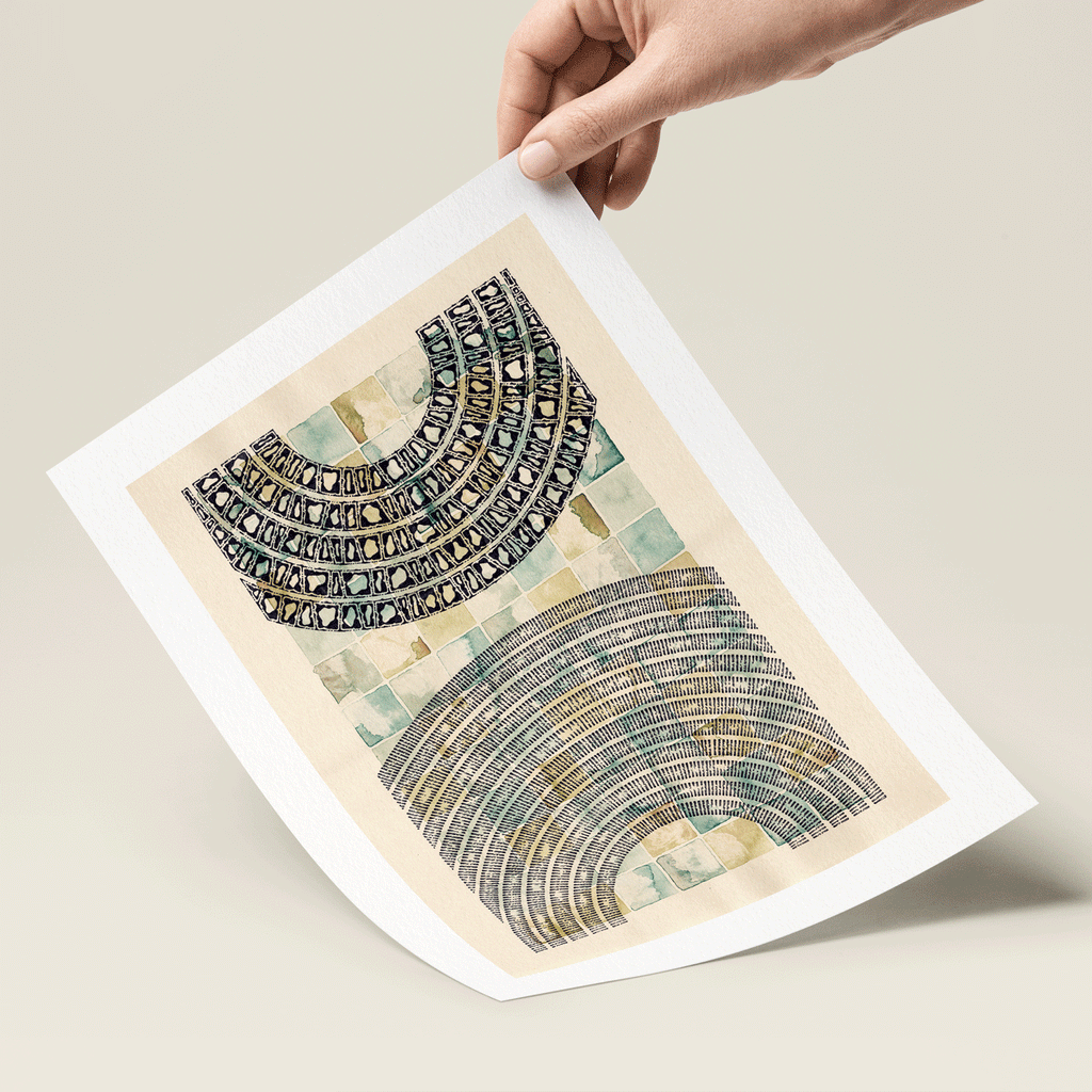 Hand holding print of black pen pattern on watercolour 