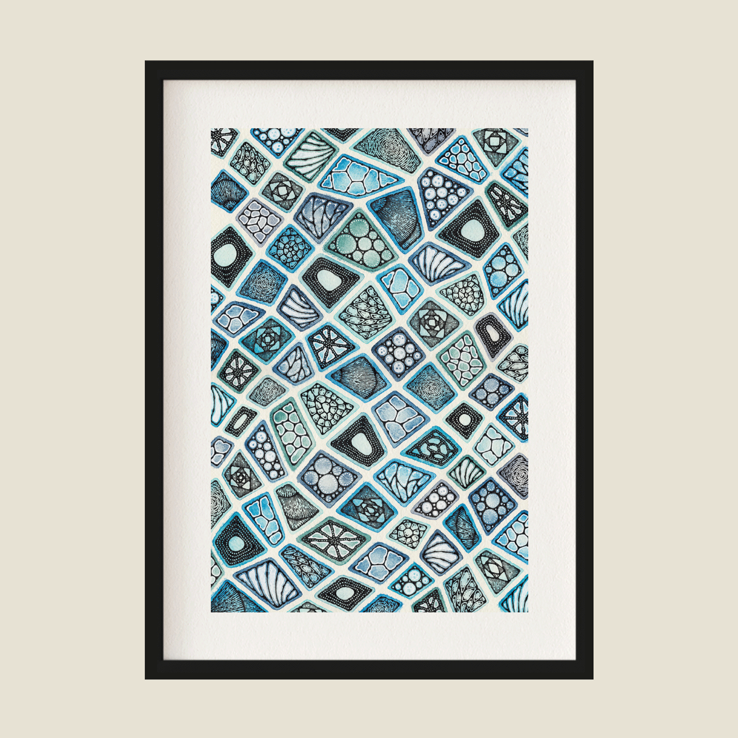 Colourful blue pattern art in frame
