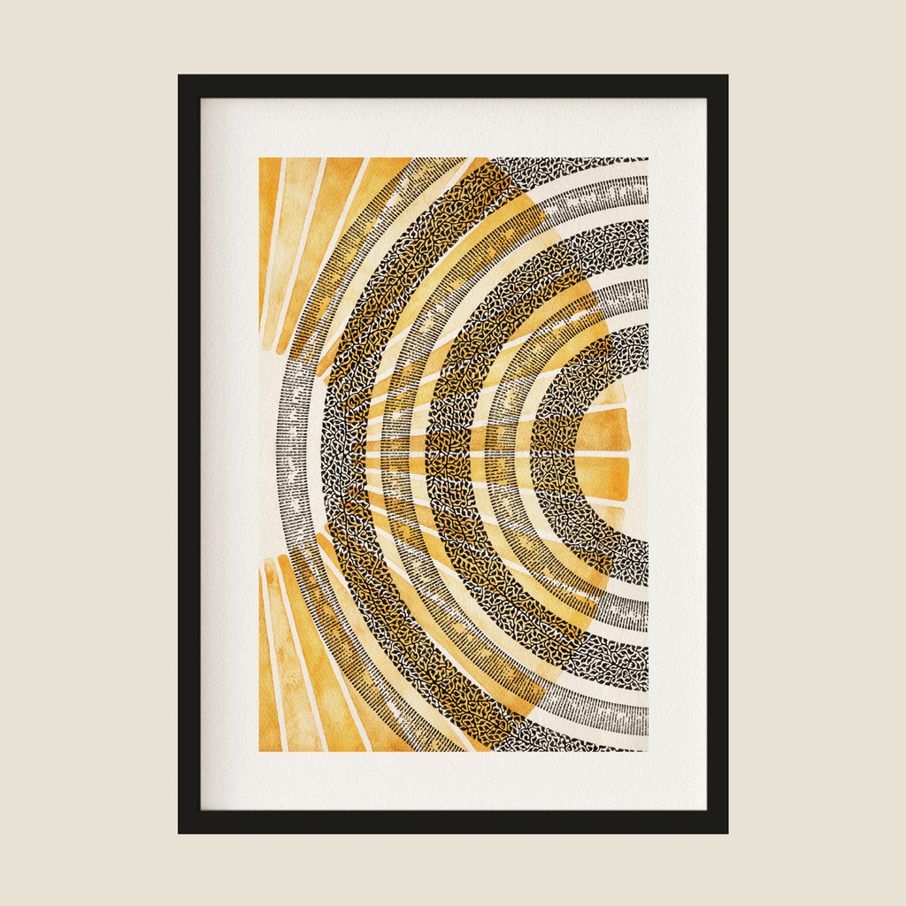Yellow, black, and white art in a frame