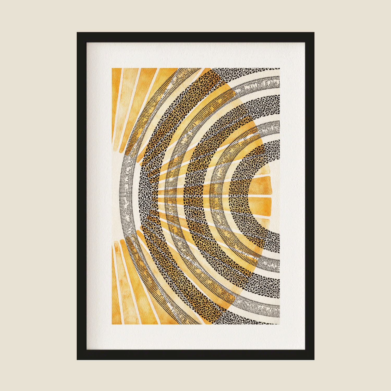 Yellow, black, and white art in a frame
