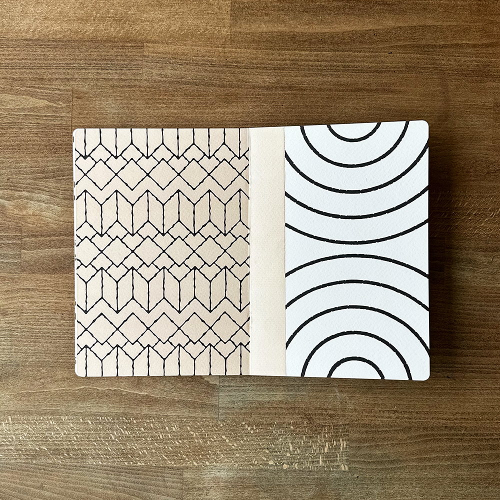 Two patterned pages on a wooden surface