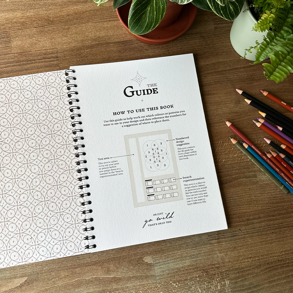 Open book with patterned pages and 'The Guide' instructions on a wooden surface with colored pencils and plants.