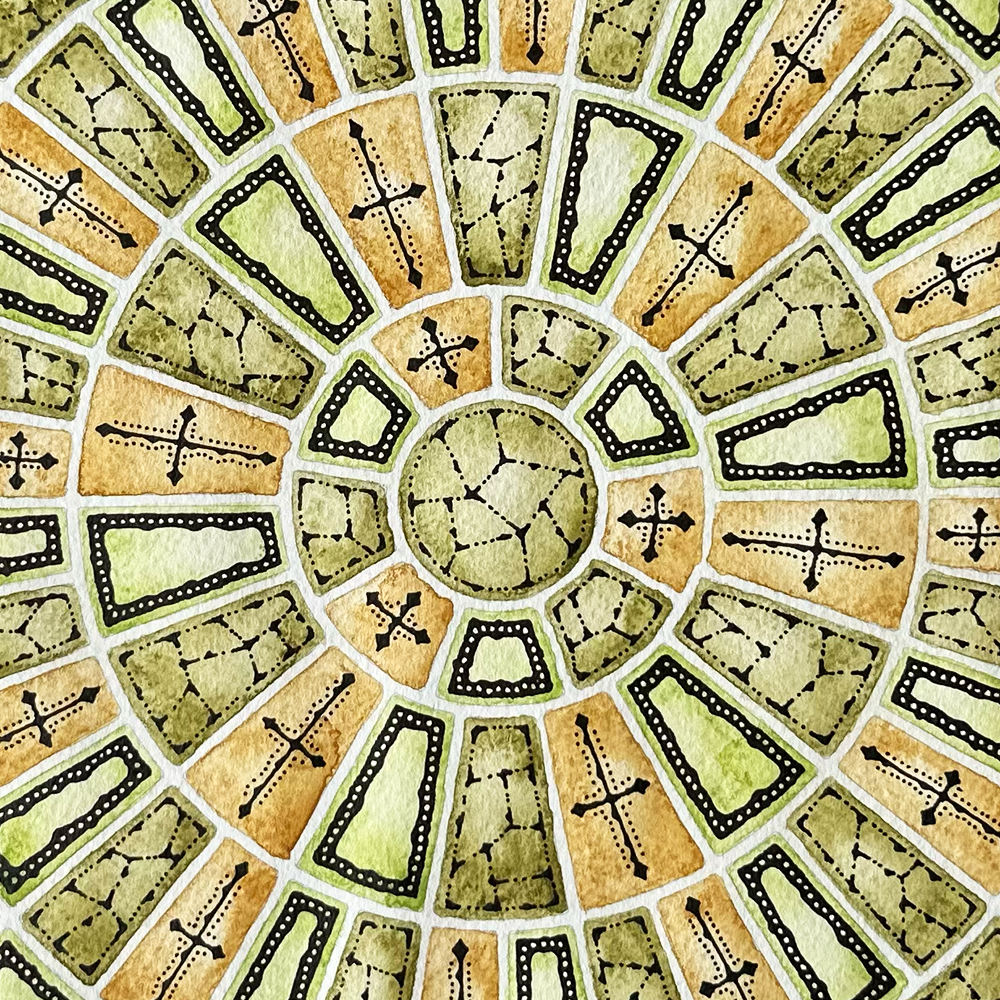 Decorative pattern with geometric shapes and cross symbols in green, brown, and black.